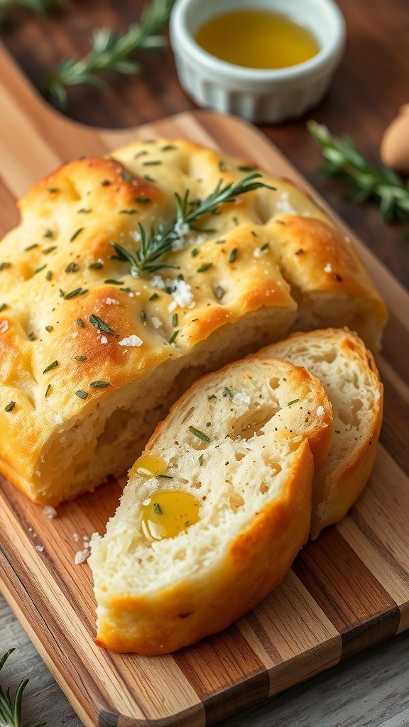 Herb focaccia bread with golden crust, sliced to show airy texture, on a wooden board with rosemary and olive oil.